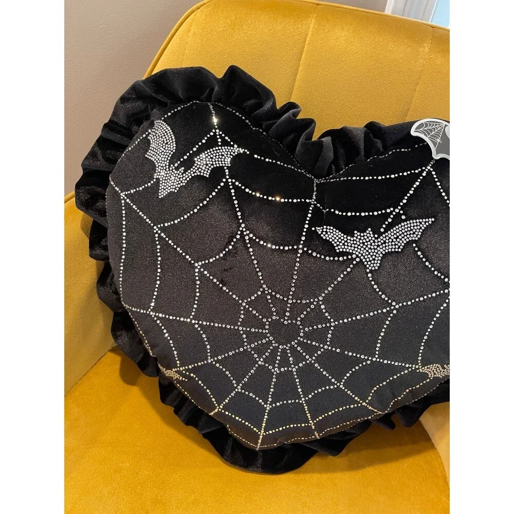NEW Spooktakular Black Heart with Rhinestone Bats and Spiderweb Halloween Pillow